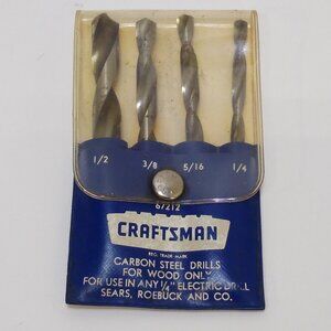Craftsman Carbon Steel Drill Bit Set Size 1/2" 3/8" 5/16" 1/4" For Wood Only VTG